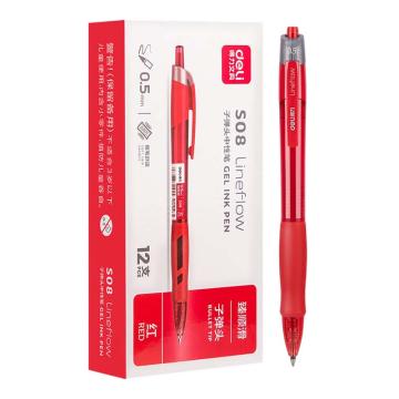 Deli/得力 臻顺滑中性笔签字笔，S08 0.5mm子弹头按动笔水笔中性笔（红）12支/盒 单位：盒