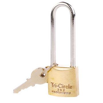 TRI-CIRCLE/三环 长梁黄铜挂锁，锁体38×34mm，锁梁Ф6.3mm，锁梁内宽20.7mm，总高108.3mm，L264-38mm