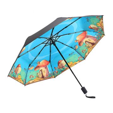 天堂伞TTS 三折叠晴雨伞55cm*8骨全遮光黑胶防晒太阳伞遮阳伞，童趣內图
