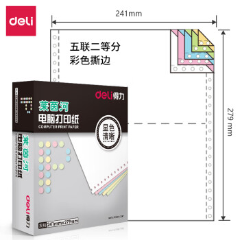 Deli/得力 莱茵河L241-5电脑打印纸(1/2CS彩色撕边)(1000页/盒)