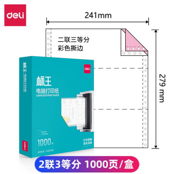 Deli/得力 标王BW241-2电脑打印纸(1/3CS彩色撕边)(1000页/盒)