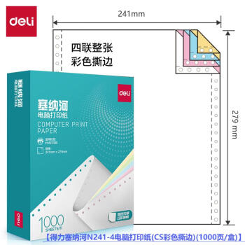 Deli/得力 标王BW241-4电脑打印纸(CS彩色撕边)(1000页/盒)