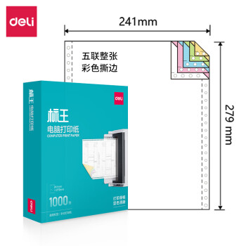 Deli/得力 标王BW241-5电脑打印纸(CS彩色撕边)(1000页/盒)