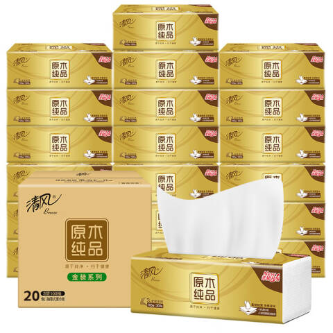 Breeze/清风 原木金装3层100抽塑包抽取式面巾纸 BR12SJ30E 30包/箱