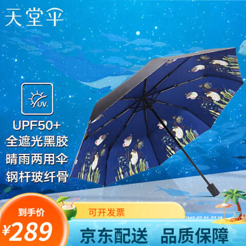天堂伞TTS 三折叠晴雨伞55cm*8骨全遮光黑胶防晒太阳伞遮阳伞，海草内藏青