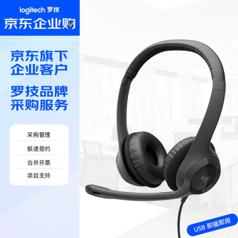 罗技Logitech 戴式立体声耳机，H390 USB接口