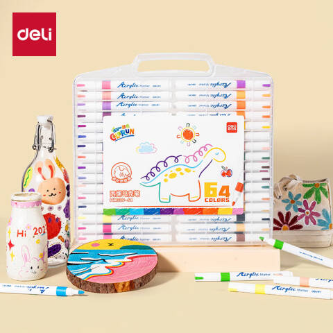 Deli/得力 HM329-64_PP盒装圆杆丙烯马克笔(混)(64色/盒)