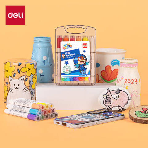 Deli/得力 HM324-12开心超人PP盒装圆杆印章丙烯马克笔(混)(12色/盒)
