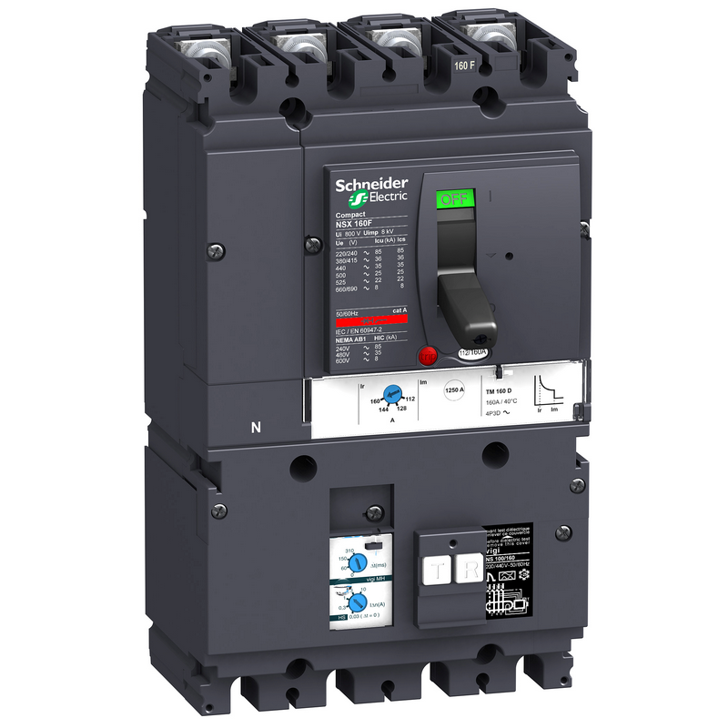 施耐德 NSX塑壳漏电保护断路器 VIGINSX160F MH TM160D 4P4D (4P) 固定式前接线