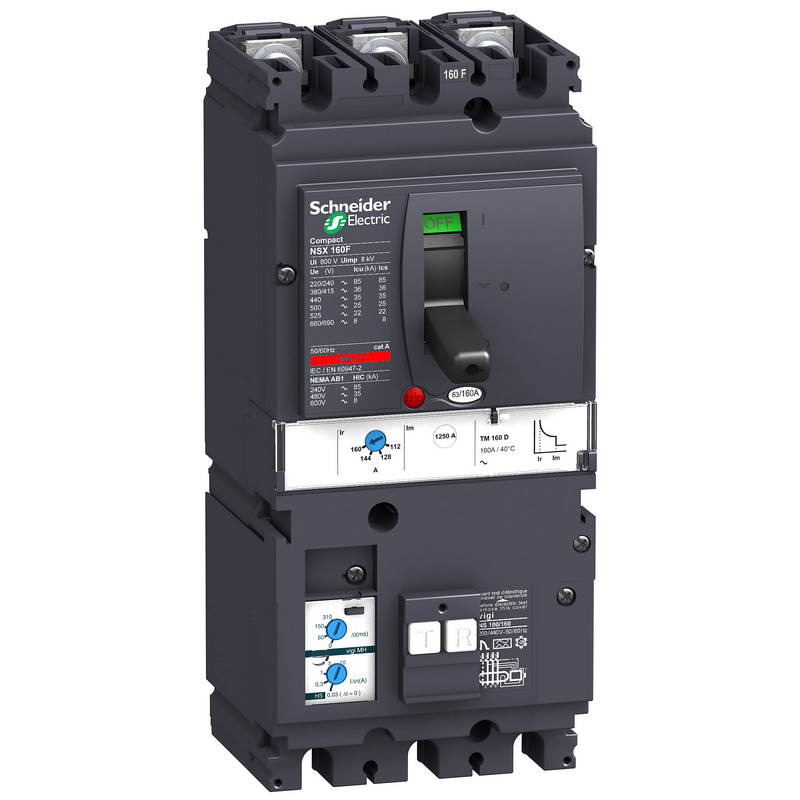 施耐德 NSX塑壳漏电保护断路器 VIGINSX160F MH TM125D 3P3D (3P) 固定式前接线