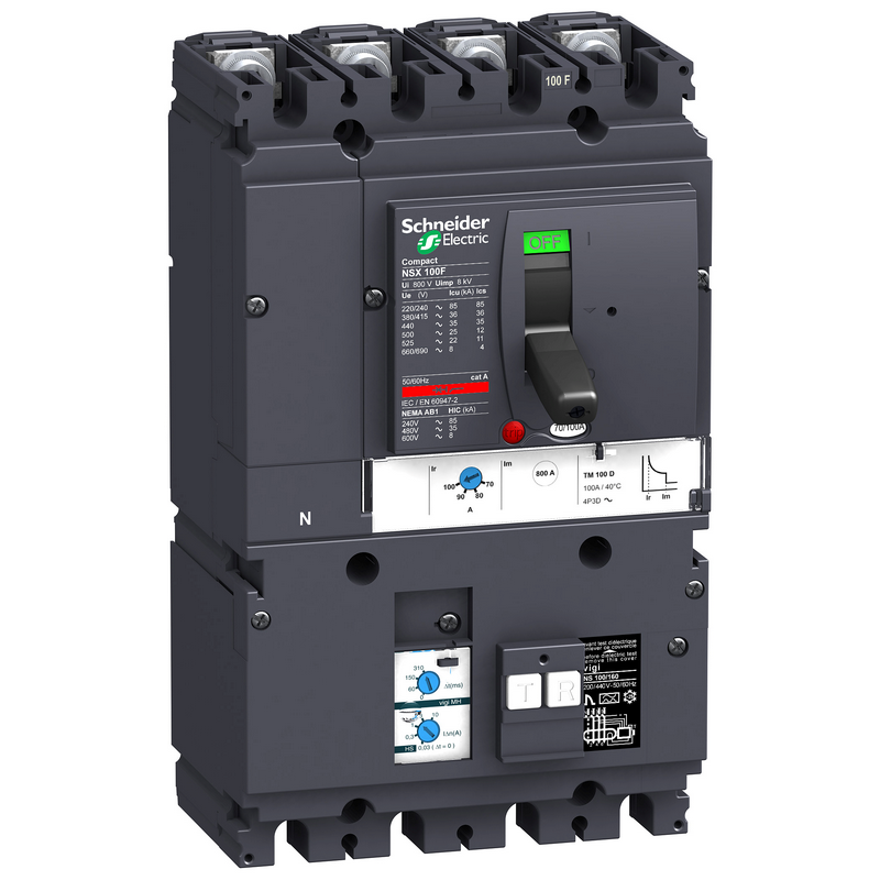 施耐德 NSX塑壳漏电保护断路器 VIGINSX100F MH TM50D 4P3D (3P+N) 固定式前接线