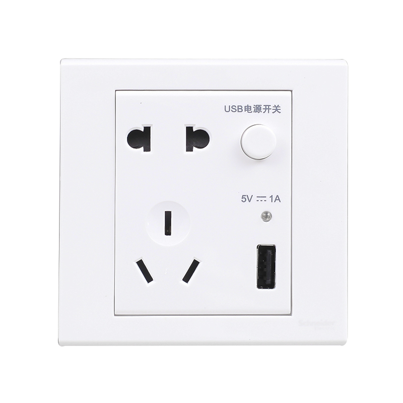 施耐德 Adora如意 USB充电插座 五孔 二三插带USB 86型 墙面 暗装 家用 开关 面板 插座 白色 带USB充电二/三极插座 (二/三极插座:10A 250V,USB 充电插:5Vdc 1.0A)(白色)