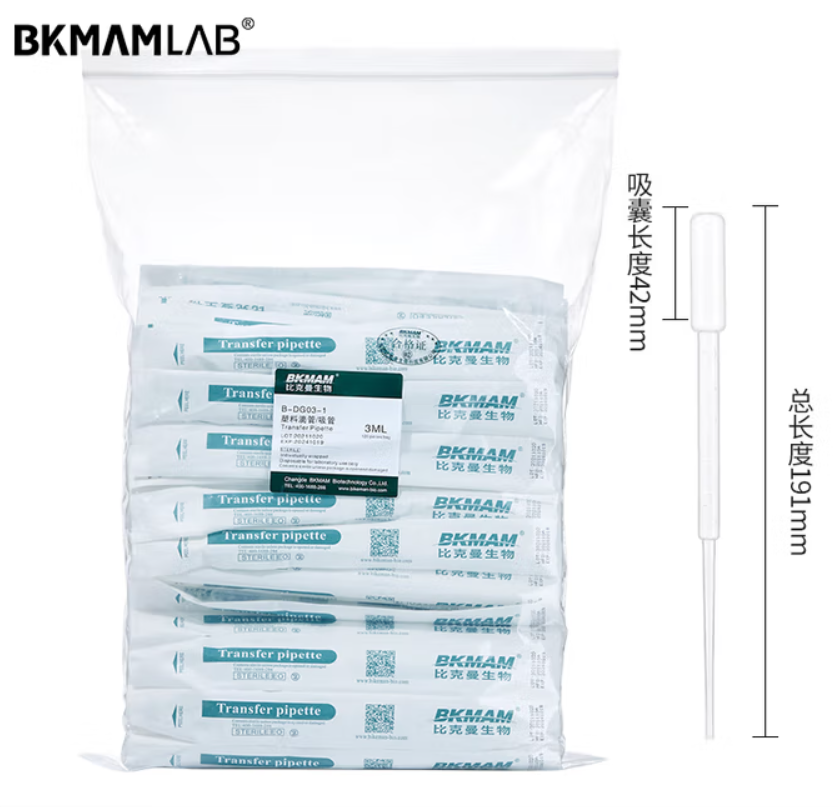 BKMAMLAB/比克曼生物塑料滴管/塑料吸管/巴氏吸管3mL加长(纸塑独立装)（无菌）整箱110205007-X
